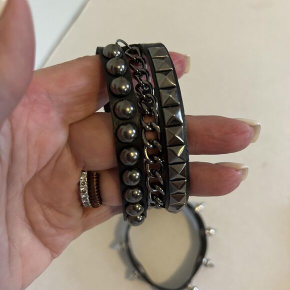 Punk Rock Studded Faux Leather Bracelet Set Spike Chain Wide Snap Cuff 3-Pack - Picture 6 of 9